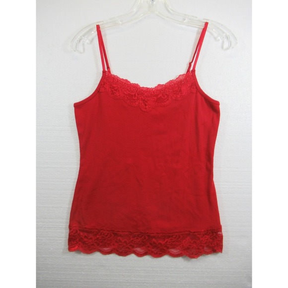 Cato Tops - Cato Ribbed Beaded Camisole Tank Top Women Medium Red Lace Trim Adjustable Strap